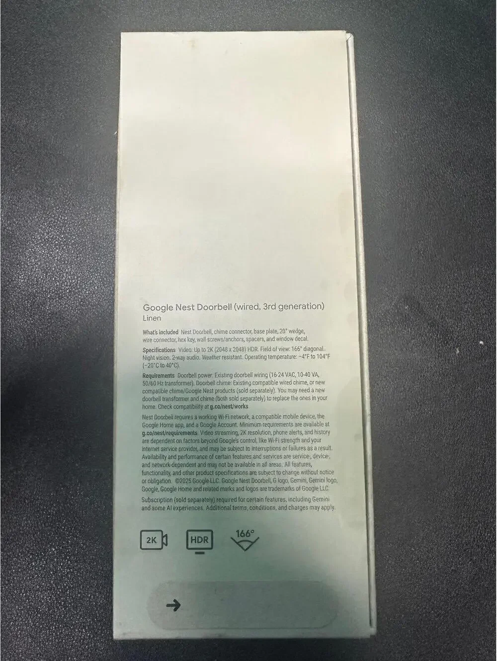 Google Nest Doorbell, Wired 3rd Gen - Snow NEW